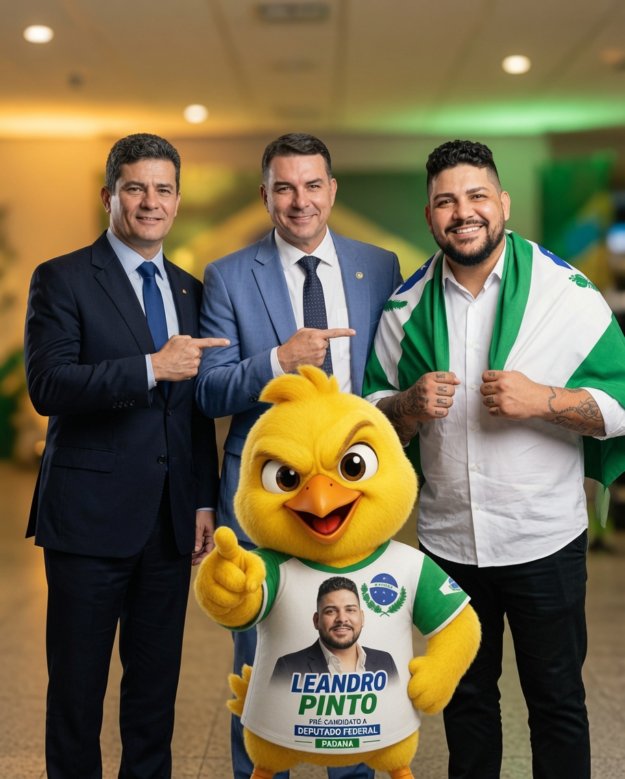 Leandro Pinto ao lado de lideranças e do mascote da campanha